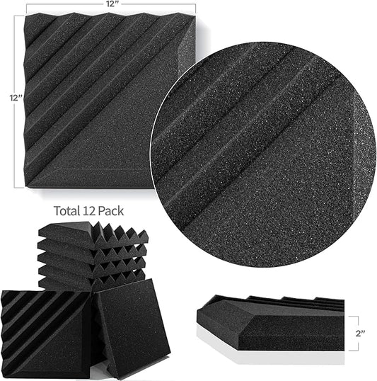 Foroomaco 12 Pack Sound Proof Foam Panels for Walls, 12x12x2 Inches Half-Slash Style Acoustic Panels for Home Studio Acoustic Treatment (Black)