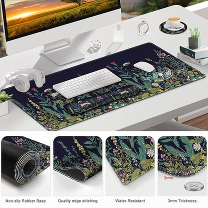 ToLuLu Desk Mat, XXL Large Mouse Pad Wrist Support Set，4 in1 Gaming Mousepad Desk Pad+ Ergonomic Mouse Pad with Wrist Rest + Keyboard Wrist Rest+Coaster for Home Office Computer Table, Weeds Plants