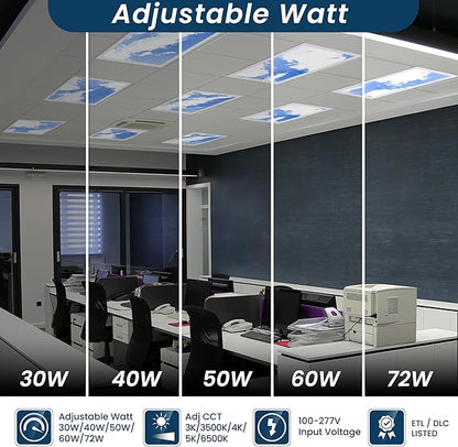 4-Pack 2x4 LED Flat Panel Light, Drop Ceiling Light Fixture with Cloud Design Tunable 30W-72W, 8750 Lumens 4000K/5000K/6500K CCT, 0-10V Dimmable Skylight ETL & DLC, 120-277V 48x24 Inch LED Panel