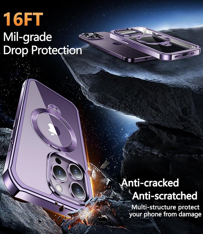 [360° Rotatable CD Stand & Built-in Privacy Screen Magnetic Case for iPhone 14 Pro [Compatible with MagSafe & Full Signal] Mil-Grade Shockproof Full Body Anti-Spy Cover for 14 Pro-Purple