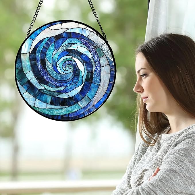 CRISGIF Stained Glass Window Hanging - Blue Abstract Swirl Suncatcher for Doors Garden Patio Unique Sun Catchers Decor Christmas Mother's Day Birthday Gifts for Women Men Mom Nana Friend 15 in