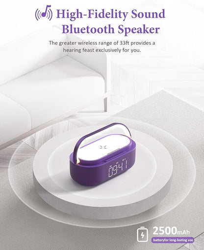 COLSUR Bluetooth Speaker Alarm Clock with Wireless Charger, FM Radio, Adjustable LED Night Light, 6 in 1 Bedroom Portable Speaker 2500mAh, Phone Stand for Bedside, Home, Office, Gift (Purple)