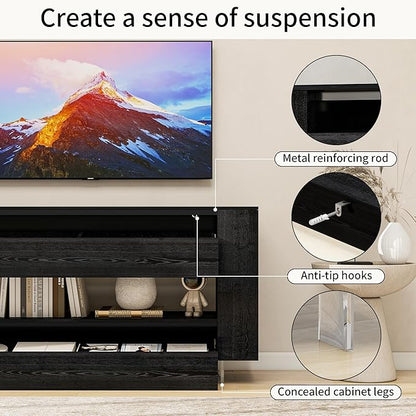 Vavkorkula TV Stand for 65 Inch with 2 Large Drawers & Hidden Storage Cabinets, Modern Farmhouse Entertainment Center Television Stands for Living Room Bedroom, Black