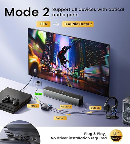 NEWCARE Optical Audio Splitter 1 in 3 Out,SPDIF Toslink Digital Optical Audio Cable Splitter 1x3 Support LPCM2.0 Doldy Digital & DTS 5.1 for Xbox,PS4,DVD,TV Box,Home Theatre, Receiver,Sound Bar