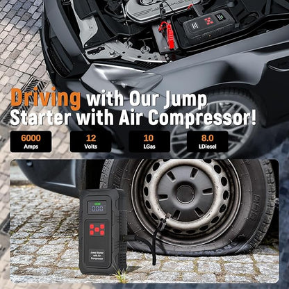 HPBS 6000A Jump Starter with Air Compressor, Portable Car Battery Jump Starter with 150 PSI Tire Inflator for Up to 10.0L Gas and 8.0L Diesel Engines, 12V Jump Box with LCD Display