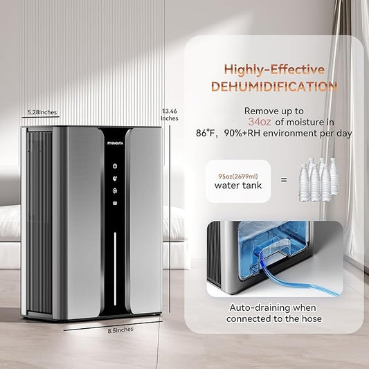 PTHRAOUTA Home Dehumidifier with Drain Hose, (950 sq.ft) 95oz Quiet dehumidifier for Bathroom Bedroom, with Air Reusable Filter Indoor deshumidificador for Basement RV Closet