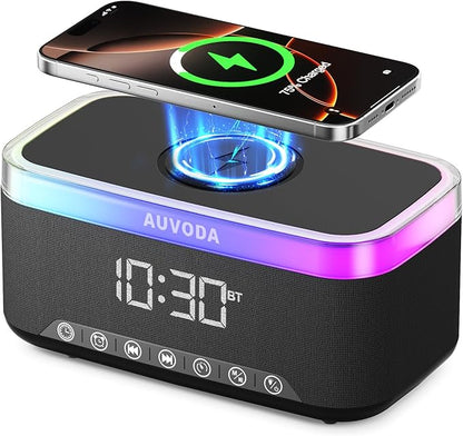 AUVODA S300 Portable Bluetooth Speaker with 15W Fast Wireless Charging, 13-Color Dimmable Night Light, White Noise, Alarm, FM Radio, 16W Stereo, BT5.3, TWS, for Home, Office, Bedroom (Black)