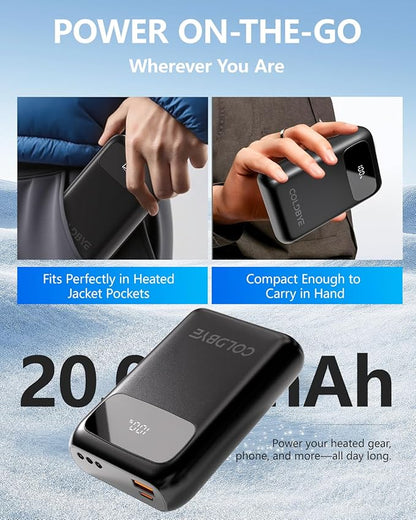 ColdBye Heated Vest Battery Pack 𝟕.𝟒𝐕 5𝐀 𝟐𝟎𝟎𝟎𝟎𝐦𝐀𝐡, Type-C and USB 5V Output, PD 30W Fast-Charging with 7.4V Tri-Size DC Built-in Ports (3.5 mm / 3.8 mm / 4.0 mm) for Heated Jacket
