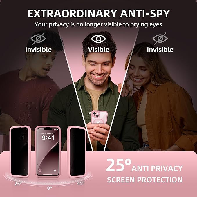 BERFY Magnetic for iPhone 14 Case, Compatible with MagSafe, Built-in Privacy Screen Protector and Upgraded Camera Protection, Anti-Spy Full Body Shockproof Phone Case for 14 6.1", Pink