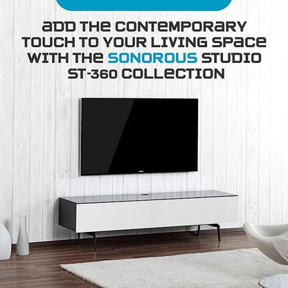 SONOROUS ST-360 Premium TV Stand for Living Room – Modern TV Stands & Entertainment Center with Storage – Black Glass & White Wood Cover – Luxury Media Console with Metal Legs for TVs up to 75 inches