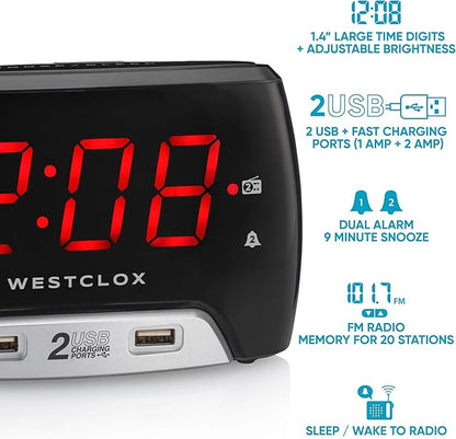 Westclox Large 1.4” Red LED Digital FM Clock Radio with Dual USB A & C Charging Ports, Adjustable Brightness, Dual Alarms & Sleep Timer – Modern Alarm Clock for Bedroom, Home, or Office (Black)
