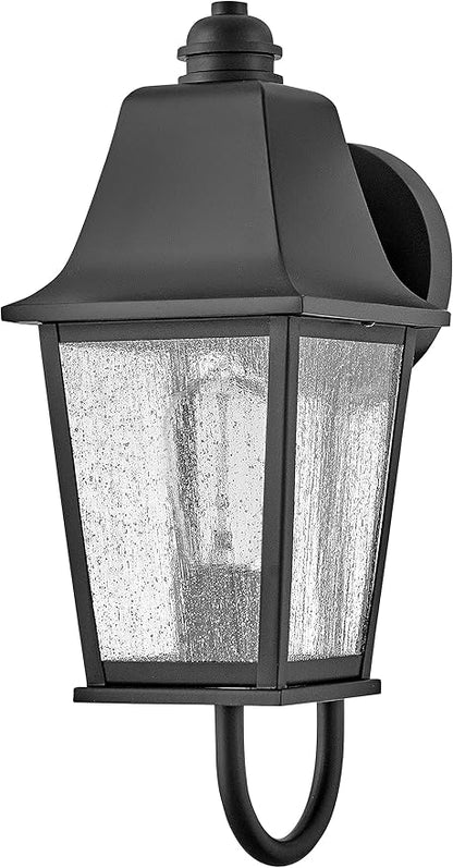 Hinkley Kingston Single Light Wall Mount Outdoor Lantern - Oversized Sweeping Roof & Bottom Arm, Aluminum, Clear Seedy Glass - Black Finish