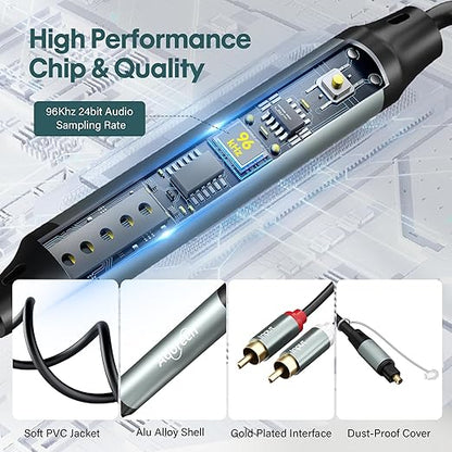 Adoreen Unidirectional 2 RCA Input to SPDIF/Toslink Output Optical Adapter Cable 4 Ft, Analog to Digital Audio Converter, 48Khz/96Khz for Turntable CD DVD to Soundbar TV Home Theater System