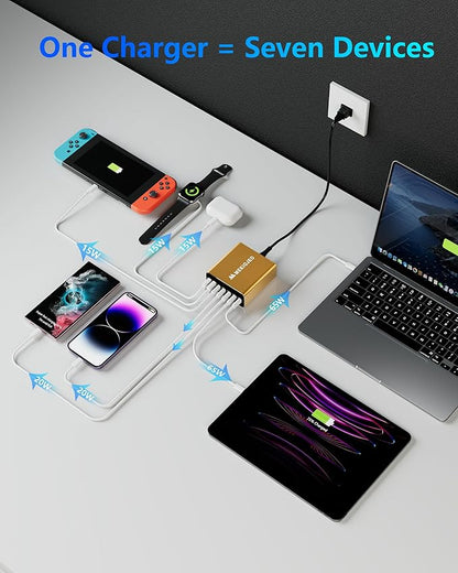 Aluminum Alloy USB C Charger 260W GaN Fast USB C Charging Station 7 Ports 65W Laptop Charger for MacBook Pro/Air/iPad Pro/iPhone (Gold)