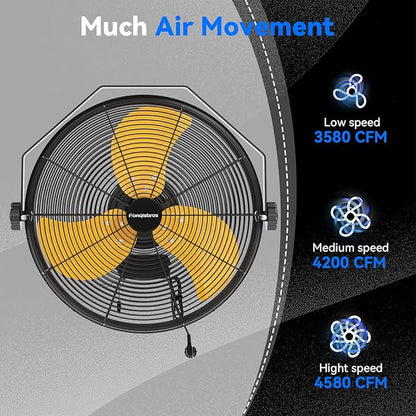 Fanqiebros 4580 CFM 18 inch High Velocity Wall Mounted Fan, 3-Speed Metal Fan with Sealed Motor, 360 Degree Tliting Heavy Duty Wall Fan for Patio, Barn, Garage, and Gazebo - UL listed