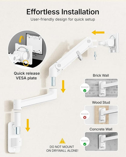 monTEK Monitor Wall Mount for 17-57“ up to 59.4 lbs Ultrawide Screens, Single Heavy-Duty Aluminum Gas Spring Monitor Arm with Full Motion Adjustment, VESA 75x75/100x100 Compatible, White