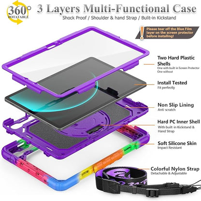SEYMAC stock Case for Samsung Galaxy Tab S10 FE / S9 / S9 FE 5G Tablet Case Protective with Screen Protector, Pencil Holder, 360 Rotate Stand, Hand Strap, Shoulder Strap, Purple