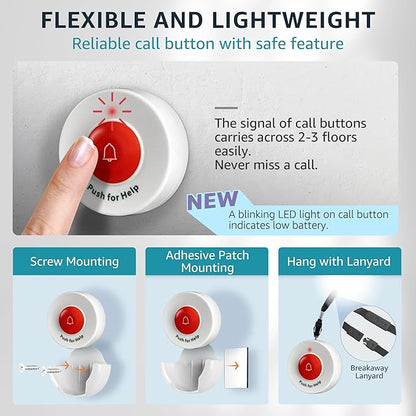 SYNLETT Caregiver Pager Wireless Nurse Call Button for Elderly Home Monitoring Alert System Portable Alarm Bell Seniors Patients Emergency 3 Call Buttons, 2 Pagers