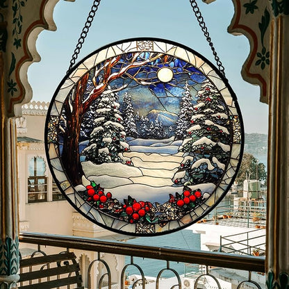 DASTOLL Stained Glass Window Hanging Christmas Tree Winter Snow Night Scenery Large 14.9" - Suncatcher Door Garden Kitchen Sun Catcher Home Decor Birthday for Mom Men Woman Friend