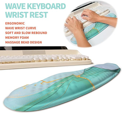 KUOSGM 2-in-1 Ergonomic Set, Wave Rise Keyboard Wrist Rest and Massage Bulge Slope Mouse Pad Wrist Support, Cushion Memory Foam Integrated to Relieve Wrist Pain, Blue Gold Marble