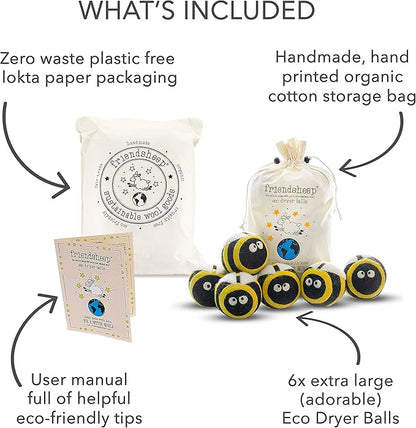 Friendsheep Wool Dryer Balls, Organic Reusable Fabric Softener Alternative for Laundry, Handmade, Fair Trade, Hypoallergenic, Eco-Friendly, Plastic-Free (6 Pack XL – Busy Bees)