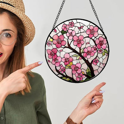 CRISGIF Stained Glass Window Hanging - Cherry Blossoms Birth Flower Suncatcher for Door Garden Patio Sun Catchers Decor Christmas Mother's Day Birthday Gifts for Women Mom Nana Friend Wife 9.8 in