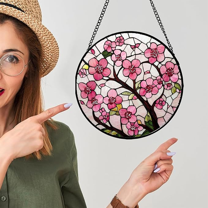 CRISGIF Stained Glass Window Hanging - Cherry Blossoms Birth Flower Suncatcher for Door Garden Patio Sun Catchers Decor Christmas Mother's Day Birthday Gifts for Women Mom Nana Friend Wife 7.8 in