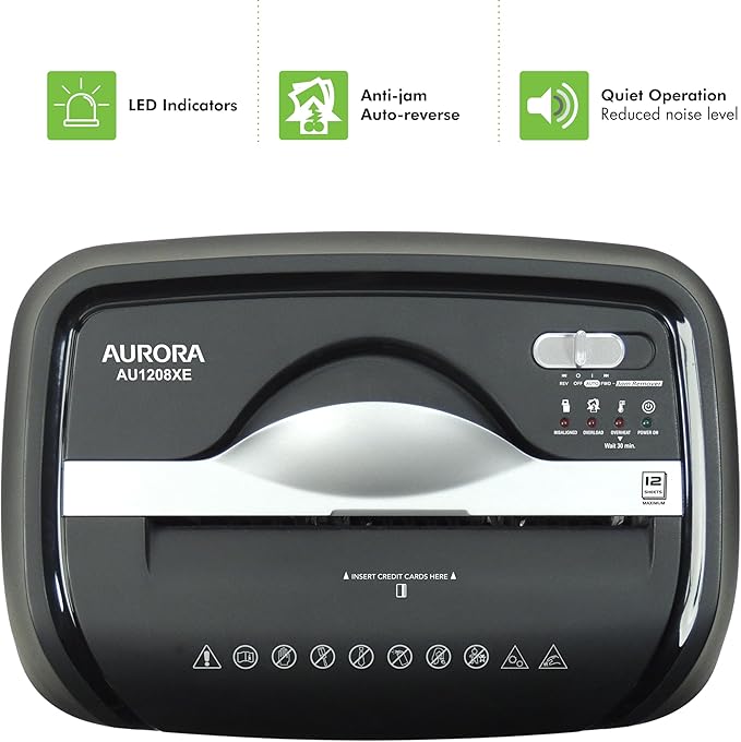 Aurora AU1208XE Anti-Jam 12-Sheet Crosscut Paper/Credit Card Shredder with 4.8 Gallon Wastebasket