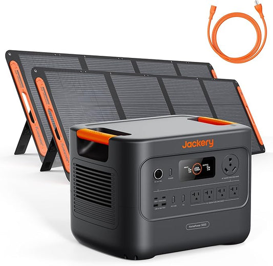 Jackery HomePower 3000 Portable Power Station with AC Cable and 2X 200W Solar Panels, 3600W (Surge 7200W) Output, 3072Wh LFP Solar Generator, Essential Backup for Home Use, Power Outage, Emergencies