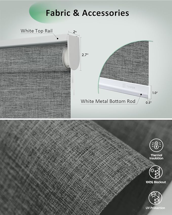 Yoolax Motorized Blinds App Control, Blackout Roller Shades for Windows, Cordless Automatic Shades Roller Window Blinds for Bedroom Living Room Office (Blackout Ashfall Gray, 24" W x 72" H)