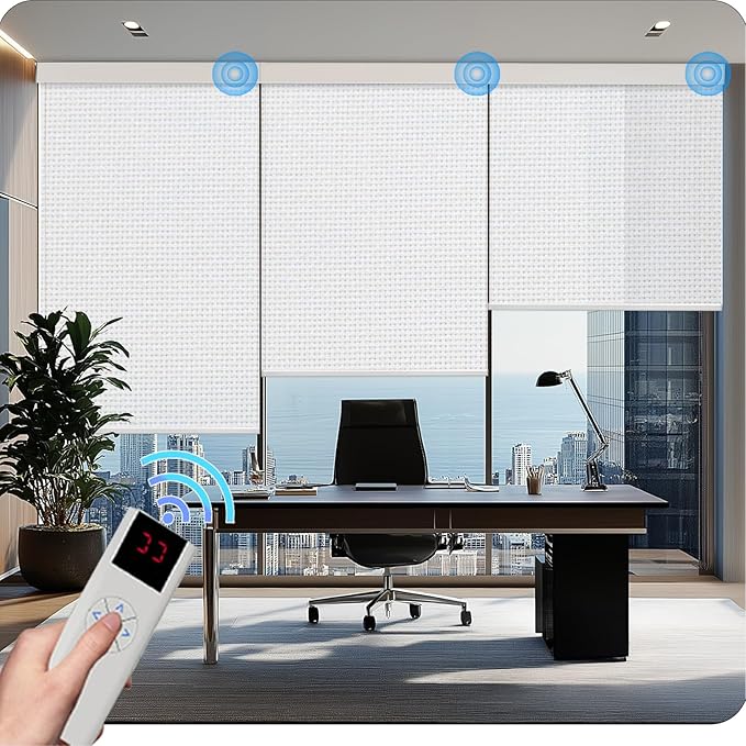 COOLWINDS Motorized Blinds with Remote Cordless Automatic Motorized Shades Custom Blinds for Windows Smart Curtains Compatible with Alexa Google Home(3% Solar White,W46 x H72in)