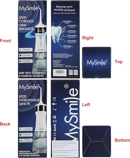 MySmile LP221 Cordless Water Flossers for Teeth with UVC Light Sanitizer and OLED Display, 335ML 4 Modes Water Teeth Cleaner Picks for Teeth Cleaning and Water Flossing (Pearl White)
