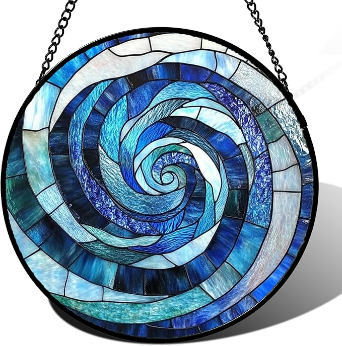 CRISGIF Stained Glass Window Hanging - Blue Abstract Swirl Suncatcher for Doors Garden Patio Unique Sun Catchers Decor Christmas Mother's Day Birthday Gifts for Women Men Mom Nana Friend 7.8 in