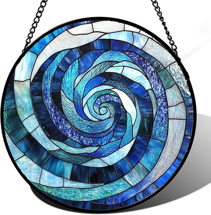 CRISGIF Stained Glass Window Hanging - Blue Abstract Swirl Suncatcher for Doors Garden Patio Unique Sun Catchers Decor Christmas Mother's Day Birthday Gifts for Women Men Mom Nana Friend 15 in