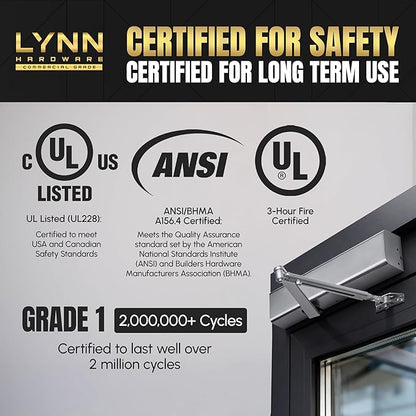 LYNN HARDWARE Heavy Duty Automatic Door Closer (Bronze) - Commercial Grade, Contractors Choice, Adjustable Speed & Force, Delayed Closing Timer, 3 Mounting Options, 3 Hour Fire Rated (DC8016 Model)