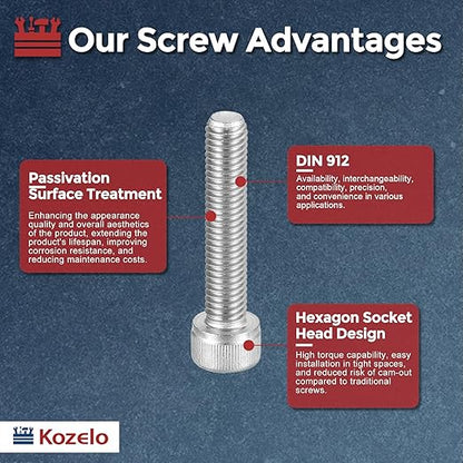Kozelo 10pcs Socket Head Cap Screws - [M8-1.25 x 40mm] 304 Stainless Steel Allen Socket Drive for Electrical Motor 3D Printing Fan Engine Replacement Use, Silver
