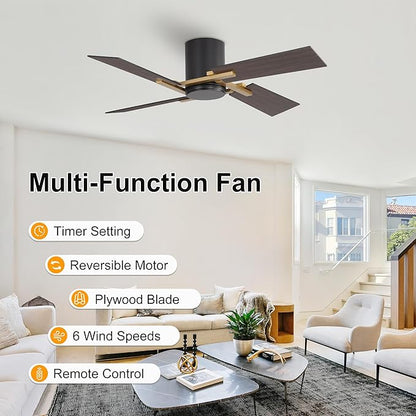 WINGBO 48 Inch Flush Mount Ceiling Fan without Light - 4 Plywood Blades, 6-Speed Reversible DC Motor, Noiseless Low Profile Ceiling Fan No Light for Bedroom Living Room, Gold and Black/Walnut