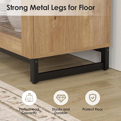 WAMPAT Modern TV Stand with Glass Doors for 32-70 inch TVs, Farmhouse Entertainment Center Media TV Console with Adjustable Shelves for Living Room, Bedroom, Oak
