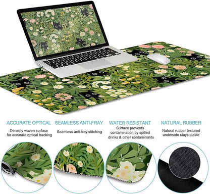 LIMKRIAN Cat Ergonomic Mouse Pad with Wrist Rest Desk Mat Set, Green Gaming Mouse Pad Wrist Support, Keyboard Mat Wrist Rest Cup Coaster Funny Office Decor
