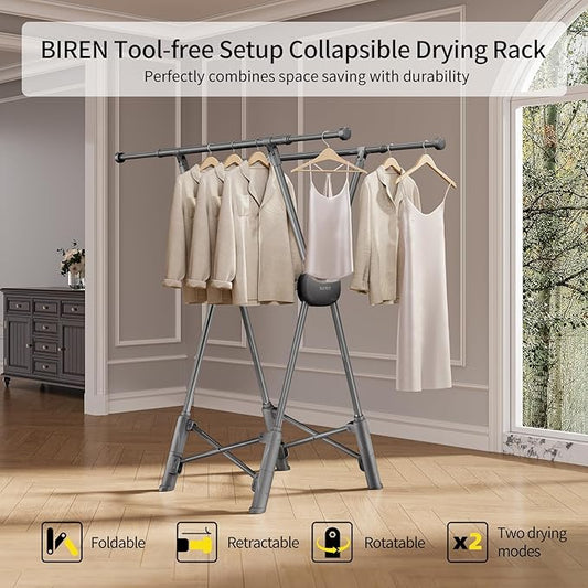 BIREN Clothes Drying Rack Heavy Duty Clothing Racks Foldable Laundry Rack Two Drying Modes Garment Racks for Drying Clothes, Adjustable Length from 32-55 Inches for Indoor Outdoor Use