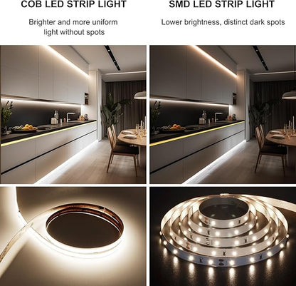 Pandery COB LED Strip Lights Cool White,24V Dimmable led Light Strip KIT with Remote and app Control,6000K 50FT/15m 8mm Wide Ra>90 Cuttable Flexible Strip Lights for Bedroom,Wardrobe,Cabinet