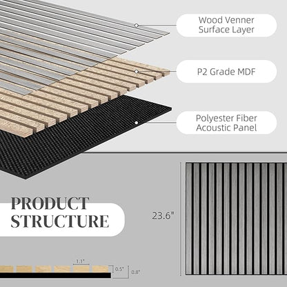 HOMCOM 4 Pack 3D Acoustic Panels, 24" x 24" Soundproof Wood Panels for Wall, Wood Slat Wall Paneling for Interior Ceiling, Office, Home Theater, Studio, Gray
