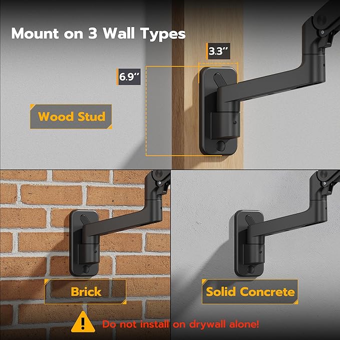 ARES WING Wall Mount Monitor Arm for 17-49 Inch Ultrawide Screens, Heavy Duty Single Monitor Mount Holds 44 lbs, Fully Adjustable Gas Spring Wall Mount, 75x75/100x100 VESA Mount, Black