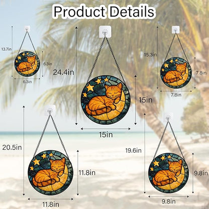 AMDERVEN Stained Glass Window Hanging - Orange Cat Sun Catcher for Door Home Decor Stars and Moon Suncatcher Christmas Mother's Day Birthday Loss of a Pet Gifts for Women Men Mom Nana 7.8 in