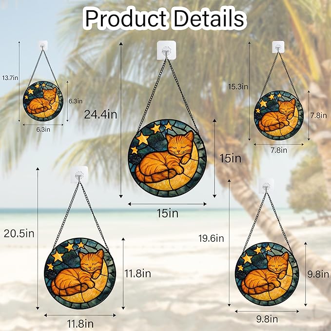 AMDERVEN Stained Glass Window Hanging - Orange Cat Sun Catcher for Door Home Decor Stars and Moon Suncatcher Christmas Mother's Day Birthday Loss of a Pet Gifts for Women Men Mom Nana 6.3 in