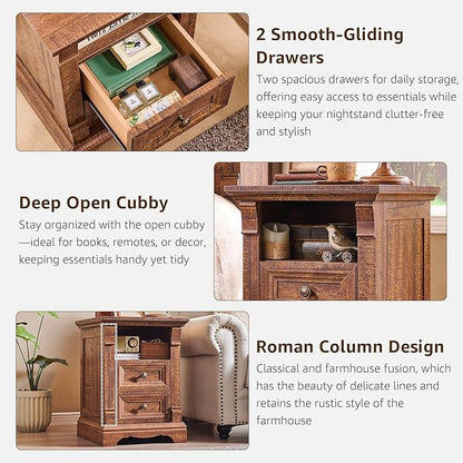 Farmhouse Nightstand with Charging Station, 18" End Table with 2 Drawers Storage and 1 Storage Shelf, Wooden Sofa Table w/Roman Column, , Bedside Cabinet for Bedroom, Living Room, Reclaimed Barnwood
