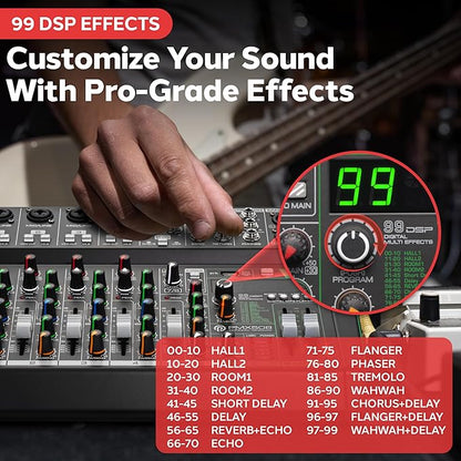 Pyle 8-Channel Audio Mixer, Bluetooth Studio Mixer/DJ Controller with Digital Effects, USB Interface, MP3 Compatible, XLR Inputs and LED Display, Audio Mixing Sound board System 10”x11”x3” inches