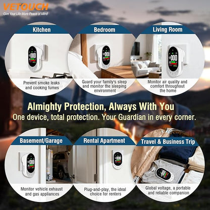 VETOUCH 4-in-1 Plug-in Smoke & Carbon Monoxide Alarms with Digital Display Monitors CO, Smoke, Temperature, Humidity, 85dB Loud Alarm, Self-Test, Adjustable Sensitivity, for Home, Kitchen, RV