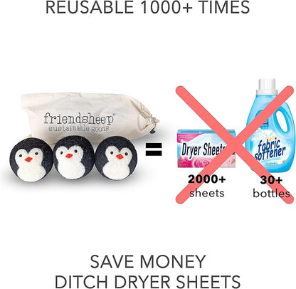 Friendsheep Wool Dryer Balls, Organic Reusable Fabric Softener Alternative for Laundry, Handmade, Fair Trade, Hypoallergenic, Eco-Friendly, Plastic-Free (3 Pack XL – Penguin)