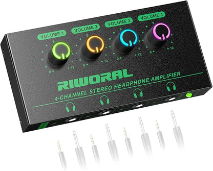 Riworal 4 Channels Headphone Amplifier with 3.5mm/6.35mm/ TRS Jack Input for Dj Mixer Amps Splitter with 8 Output Ports Separate Volume Control Output for Speaker Or Monitor Headphone
